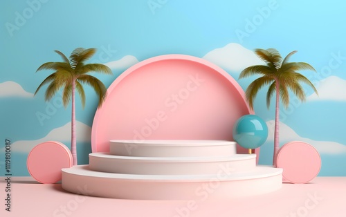 A stylized, colorful stage setup with geometric shapes and palm trees against a blue backdrop.