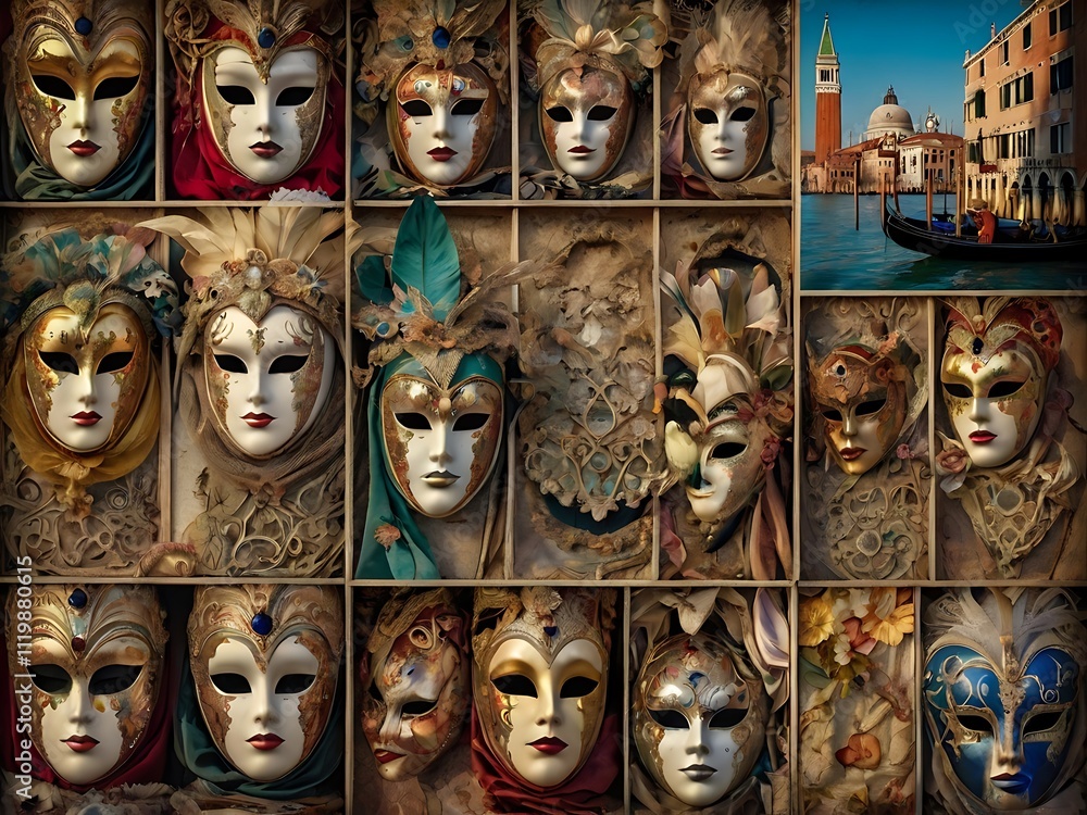 Venetian Carnival Masks Displayed In Wooden Box Venetian Carnival Masks Displayed In Wooden Box