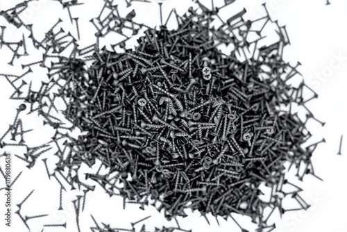 A small pile of black screws on a white background. Fastening materials for fastening drywall structures