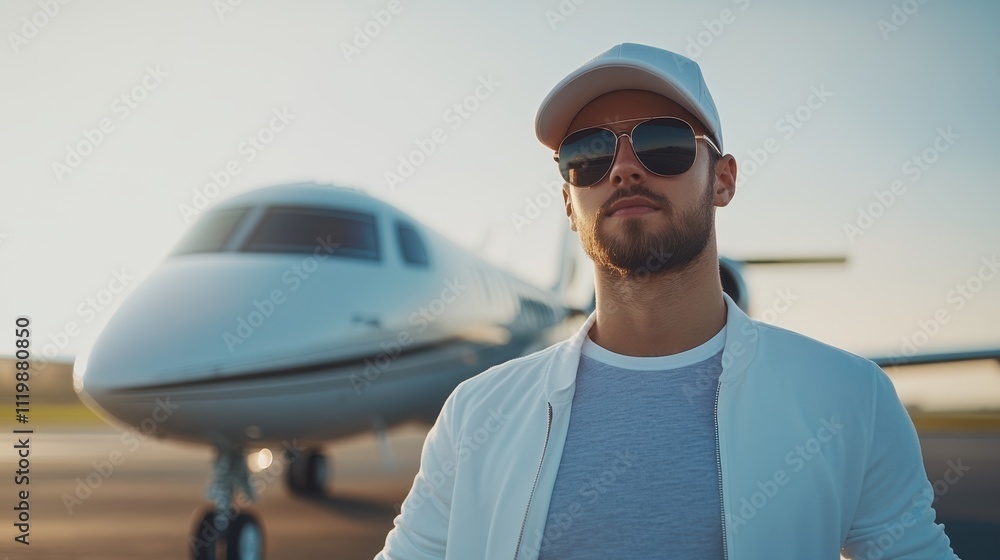 Stylish young man in sunglasses near a private jet at sunset Stylish young man in sunglasses near a private jet at sunset