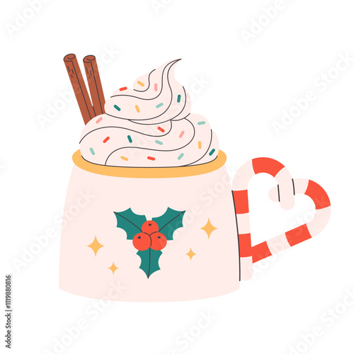 Winter Christmas hot drink decorated with sweet whipped cream, cinnamon sticks, confectionery sprinkles. Cute Christmas mug. Vector illustration in flat style