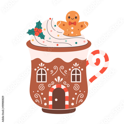 Winter Christmas hot drink decorated with sweet whipped cream, gingerbread man, confectionery sprinkles. Cute Christmas mug in the shape of gingerbread house. Vector illustration in flat style