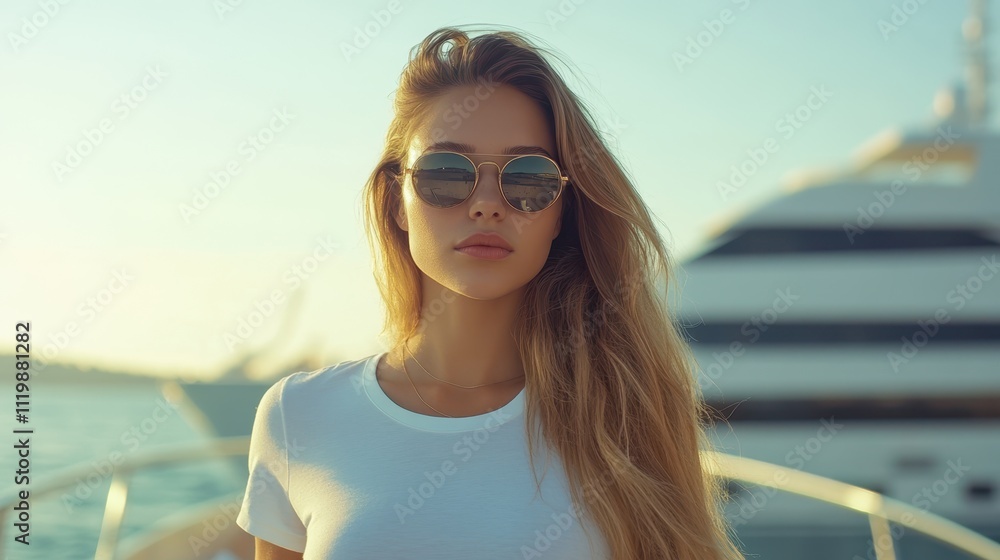 Young athletic woman enjoys sunny day on luxury yacht by the marina Young athletic woman enjoys sunny day on luxury yacht by the marina
