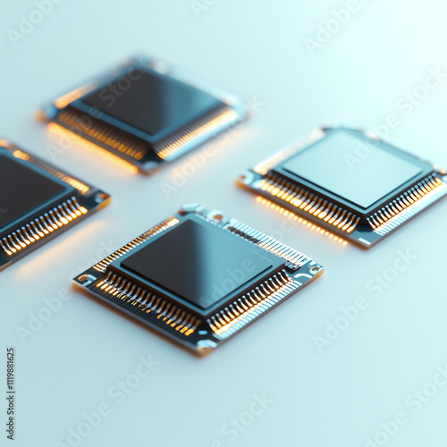 Close-up view of modern microchips arranged on a soft-focus background. photo