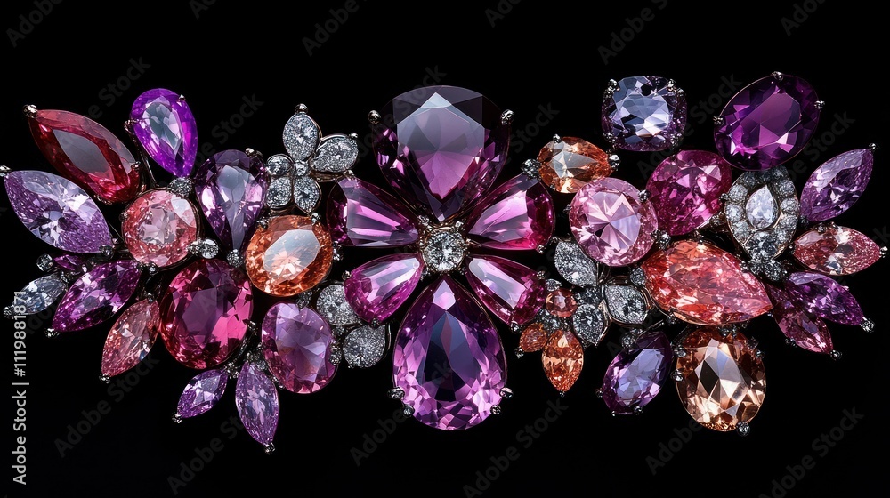 A stunning brooch crafted with an array of colorful gemstones, featuring a central cluster of pink sapphires. A stunning brooch crafted with an array of colorful gemstones, featuring a central cluster of pink sapphires.