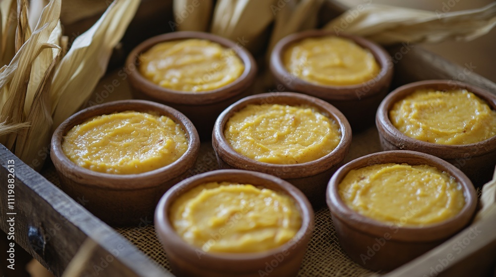 Corn pudding served in individual ramekins, set on a burlap-lined tray with corn husks as decorative elements Corn pudding served in individual ramekins, set on a burlap-lined tray with corn husks as decorative elements