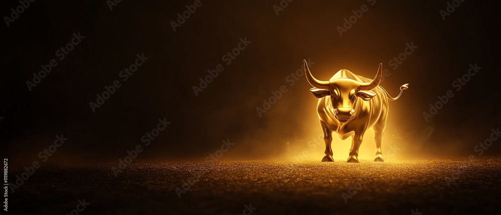 Majestic bull illuminated by golden light in a dramatic setting. Majestic bull illuminated by golden light in a dramatic setting.
