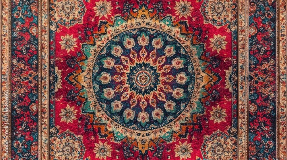A vibrant, intricately patterned red and blue Persian carpet with a central mandala design. A vibrant, intricately patterned red and blue Persian carpet with a central mandala design.