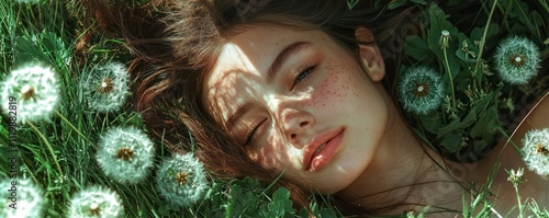 Breathe easy with an image of a beautiful young woman enjoying the outdoors allergy-free, surrounded by green grass and dandelions. photo