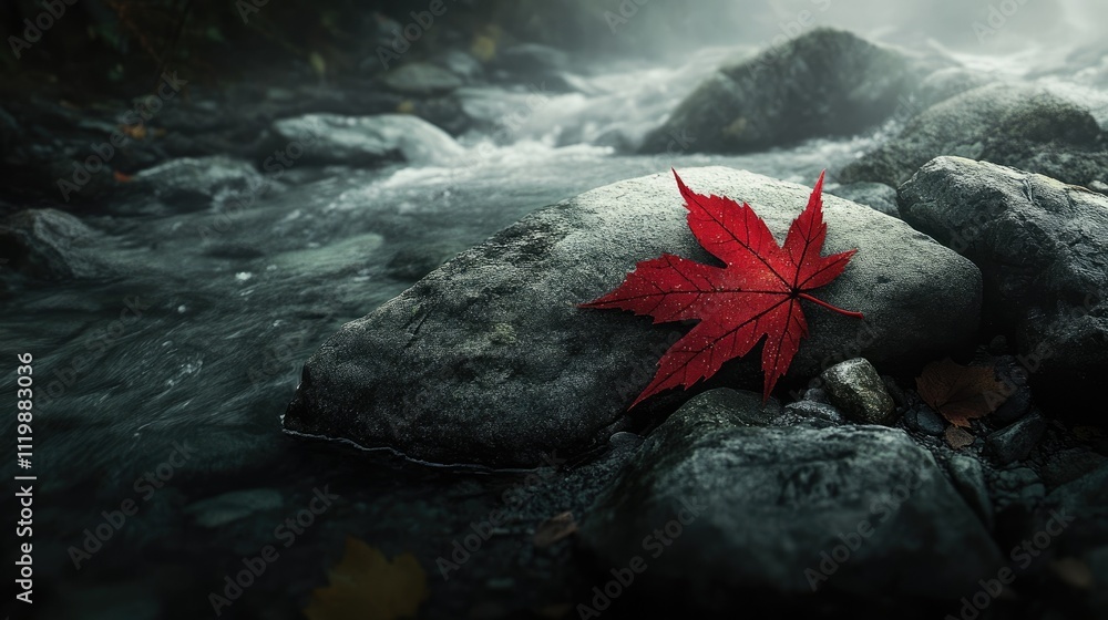 A single vibrant red maple leaf resting on a large gray stone by a tranquil stream surrounded by misty woods, capturing the essence of autumn in nature's serene landscape A single vibrant red maple leaf resting on a large gray stone by a tranquil stream surrounded by misty woods, capturing the essence of autumn in nature's serene landscape