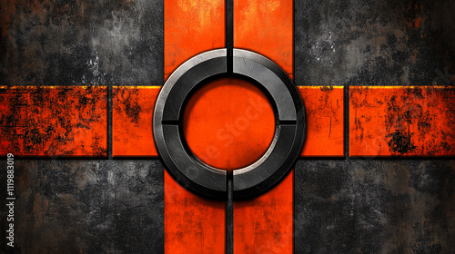 Industrial design: An emblem made of metal featuring a round pattern, contrasted against a distressed, rusty metallic background of orange and black hues photo