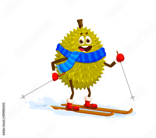 Cartoon durian Christmas and new year winter tropical fruit character skiing enthusiastically. Vector fruit personage dressed in a blue scarf enjoys snowy adventures, capturing playful seasonal spirit