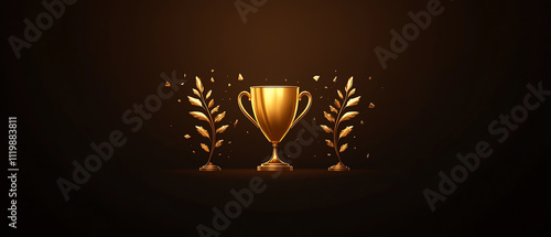A shiny gold trophy surrounded by elegant laurel leaves on a dark background.
