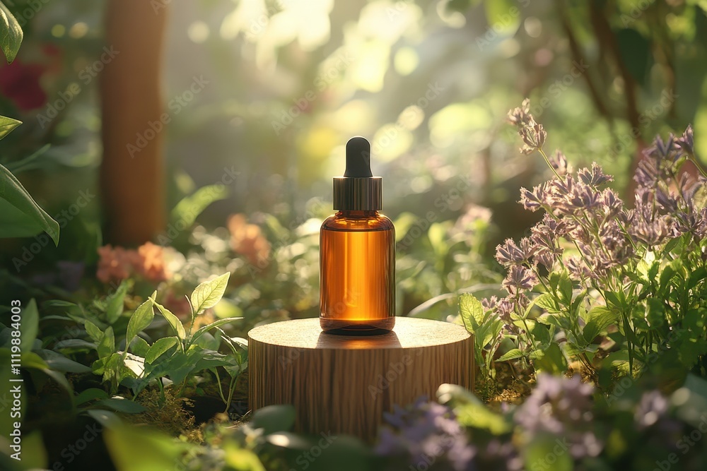 Amber Glass Dropper Bottle on Wooden Stump Surrounded by Lush Greenery and Sunlight in a Serene Garden Setting Amber Glass Dropper Bottle on Wooden Stump Surrounded by Lush Greenery and Sunlight in a Serene Garden Setting