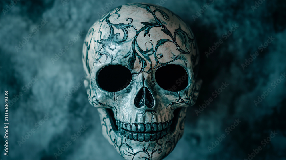 Decorative skull with carved floral motifs in black and grey, photographed on a textured blue background. Ideal for fancy dress, carnivals and Halloween parties. Decorative skull with carved floral motifs in black and grey, photographed on a textured blue background. Ideal for fancy dress, carnivals and Halloween parties.