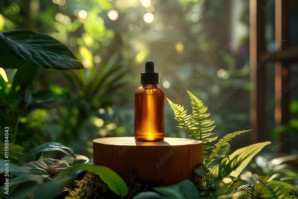 Amber Glass Dropper Bottle on Wooden Pedestal Surrounded by Lush Greenery in Sunlit Tropical Garden Setting Amber Glass Dropper Bottle on Wooden Pedestal Surrounded by Lush Greenery in Sunlit Tropical Garden Setting