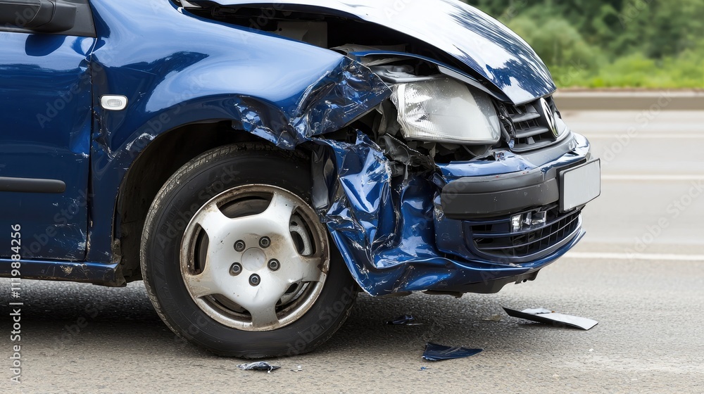 Insurance premium disaster concept. A blue car with a crumpled front end is parked on the roadside, showing visible damage from an accident. Insurance premium disaster concept. A blue car with a crumpled front end is parked on the roadside, showing visible damage from an accident.