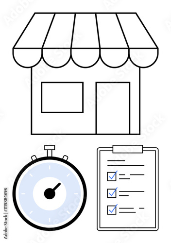 Storefront stopwatch checklist with checkmarks. Ideal for themes of punctuality, organization, retail management, efficiency, business operations, time management, productivity. Line metaphor