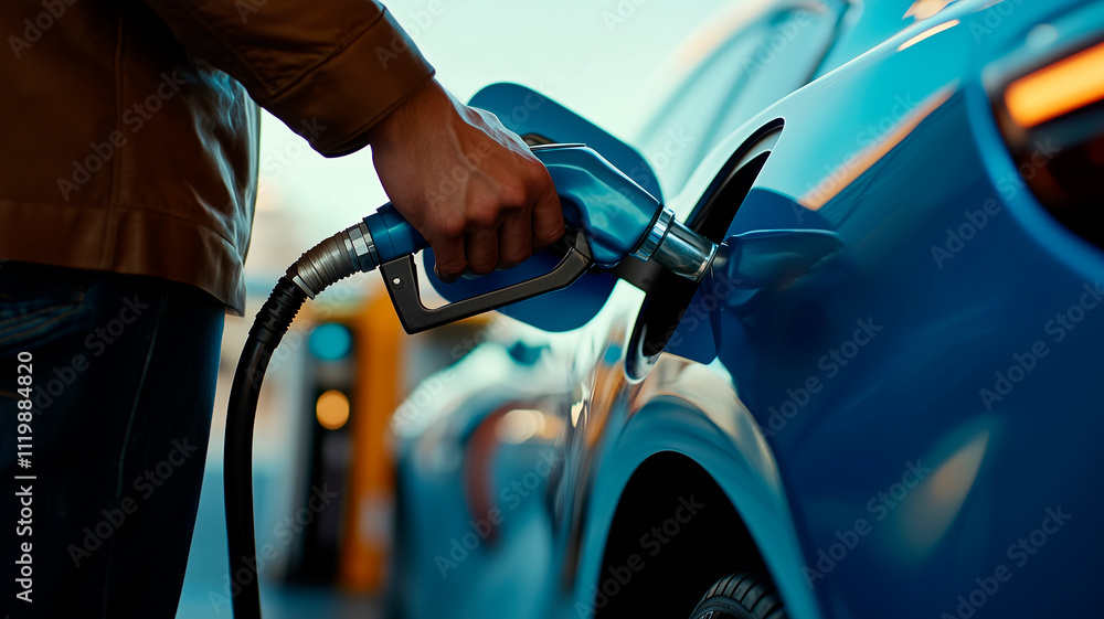 A person holds a hydrogen gas nozzle while refueling a blue car, emphasizing green transportation and energy use. A person holds a hydrogen gas nozzle while refueling a blue car, emphasizing green transportation and energy use.