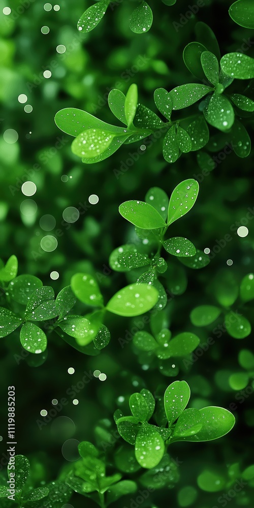 Vibrant green leaves with dewdrops and soft bokeh background creating a fresh natural look Vibrant green leaves with dewdrops and soft bokeh background creating a fresh natural look