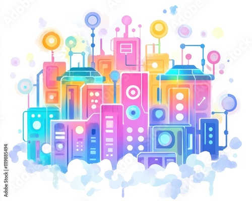 Colorful abstract city skyline with geometric patterns on a white background.