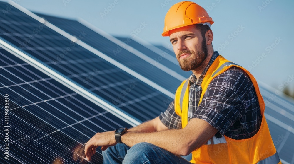 Solar panels on a roof under clear blue sky with worker in safety gear Solar panels on a roof under clear blue sky with worker in safety gear