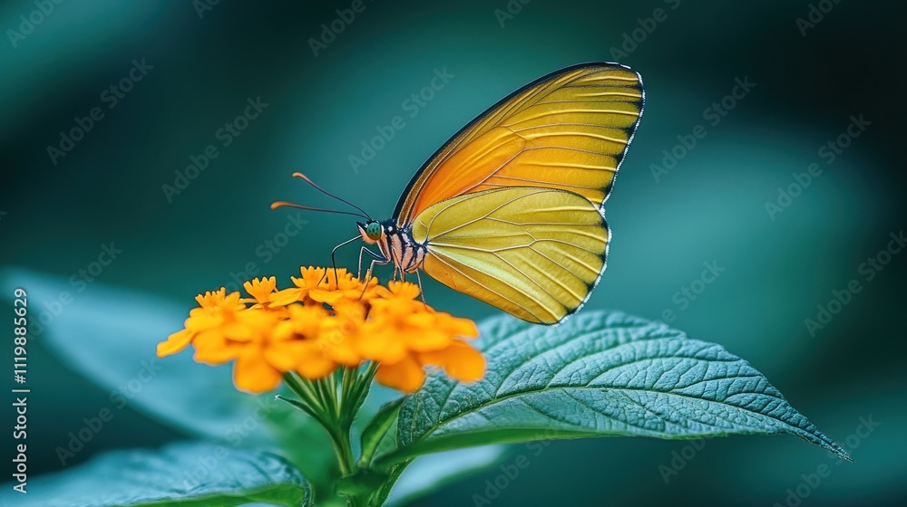 Obraz premium A vibrant yellow butterfly with black markings rests on a cluster of orange flowers with green leaves in the background.