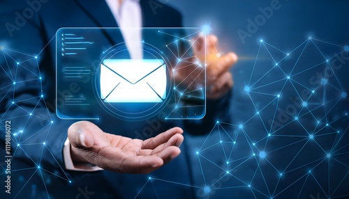 Businessman hand holding e-mail icon letter on a touch screen interface, virtual postal envelope, concept of spam email, internet and networking, newsletter email and protect your personal.new