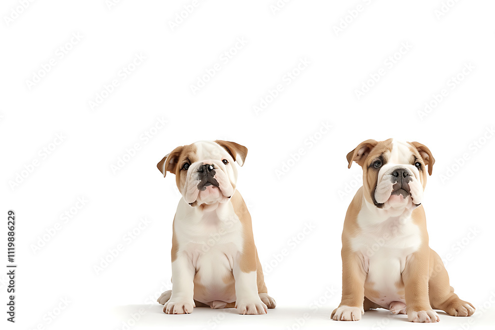 Fototapeta premium animal portraiture, a friendly bulldog, displaying its unique features, relaxed in a white room