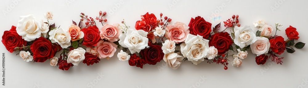 A bouquet of red and white flowers is arranged in a long line A bouquet of red and white flowers is arranged in a long line