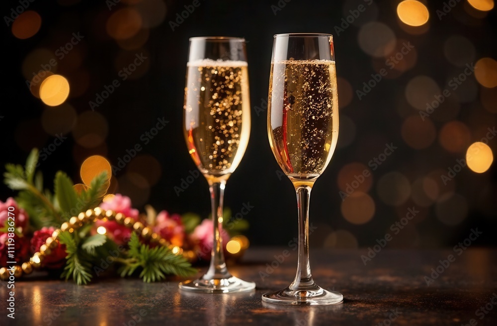 Two elegant glasses of champagne are beautifully sitting on a table Two elegant glasses of champagne are beautifully sitting on a table