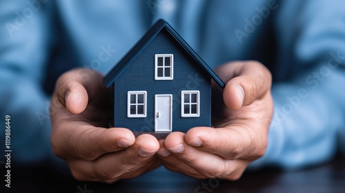 Insurance premium disaster concept. A person holds a small model house in their hands, symbolizing home ownership, care, and investment.