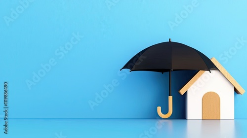 Wallpaper Mural Insurance premium disaster concept. A black umbrella stands next to a small white house on a blue background, symbolizing protection and shelter. Torontodigital.ca