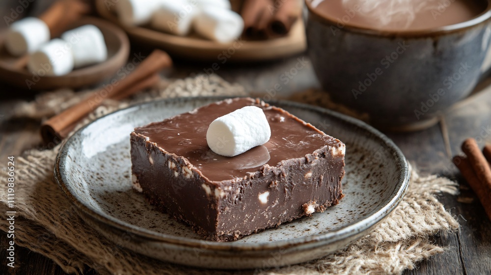A slice of marshmallow fudge served on a rustic plate, surrounded by burlap fabric and a steaming cup of hot cocoa A slice of marshmallow fudge served on a rustic plate, surrounded by burlap fabric and a steaming cup of hot cocoa