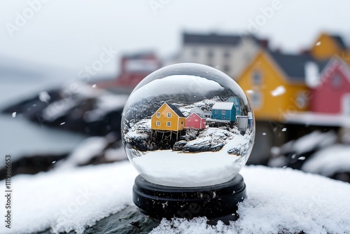 A snow globe capturing colorful houses on a snowy landscape, showcasing a winter wonderland vibe. photo