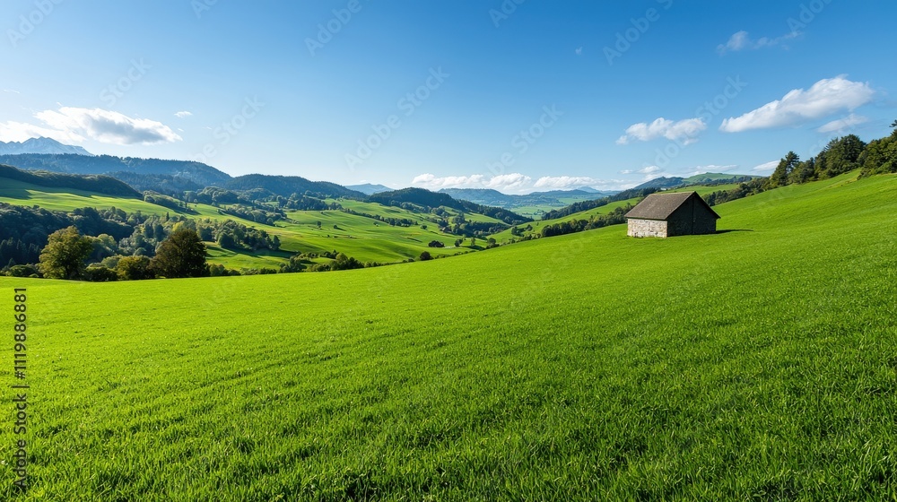 A serene landscape showcasing vibrant green fields under a clear blue sky, with rolling hills and a rustic wooden cabin in the distance. A serene landscape showcasing vibrant green fields under a clear blue sky, with rolling hills and a rustic wooden cabin in the distance.