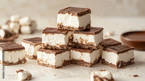 A stack of marshmallow fudge squares, isolated on a light beige backdrop with a hint of melted chocolate nearby