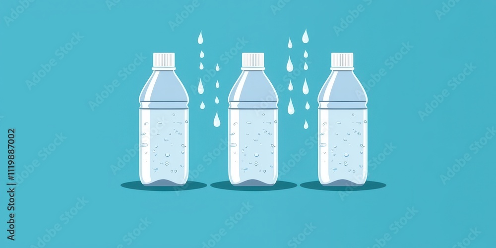 Three water bottles on a blue background, with droplets, symbolizing hydration and environmental awareness. Three water bottles on a blue background, with droplets, symbolizing hydration and environmental awareness.