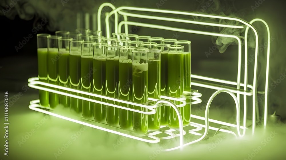 Green spirulina mocktails in test tubes with glowing rack and fog effect Green spirulina mocktails in test tubes with glowing rack and fog effect