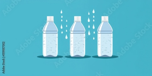 Three water bottles on a blue background, with droplets, symbolizing hydration and environmental awareness.