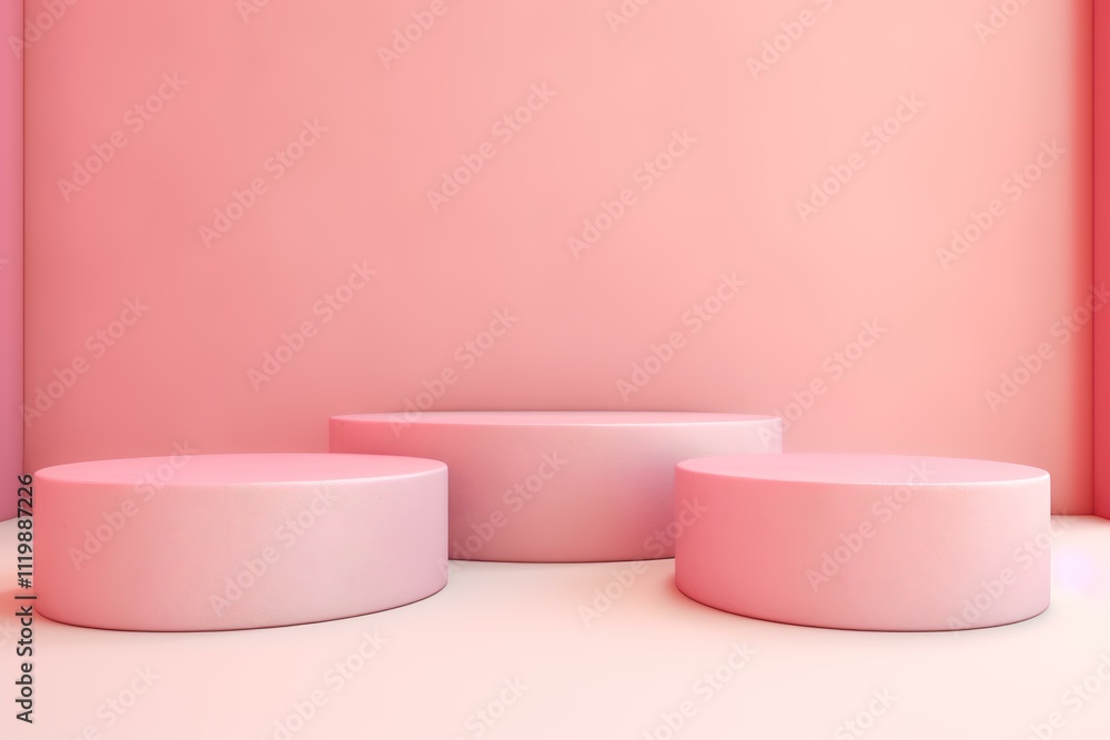 Three smooth, pink circular platforms against a soft pink backdrop. Three smooth, pink circular platforms against a soft pink backdrop.