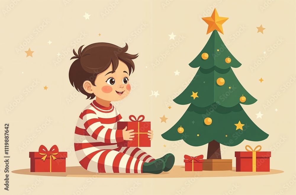 Illustration of a baby in a striped tan getting Christmas gifts under the tree Illustration of a baby in a striped tan getting Christmas gifts under the tree