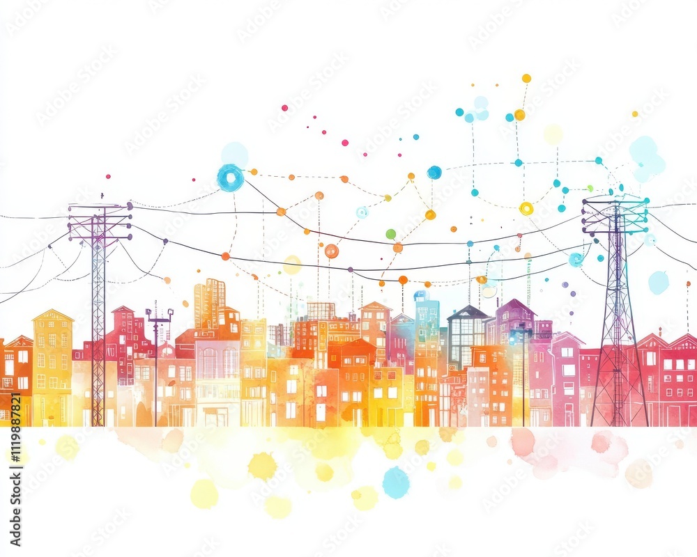 Obraz premium Colorful city skyline illustration with power lines and abstract bubbles.