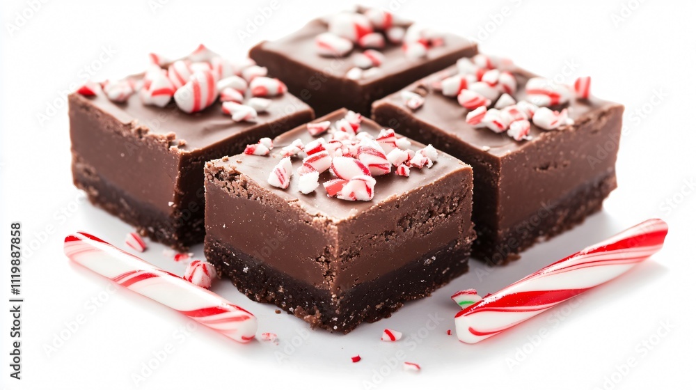Chocolate marshmallow fudge with a peppermint twist, garnished with candy canes, isolated on a clean white backdrop Chocolate marshmallow fudge with a peppermint twist, garnished with candy canes, isolated on a clean white backdrop