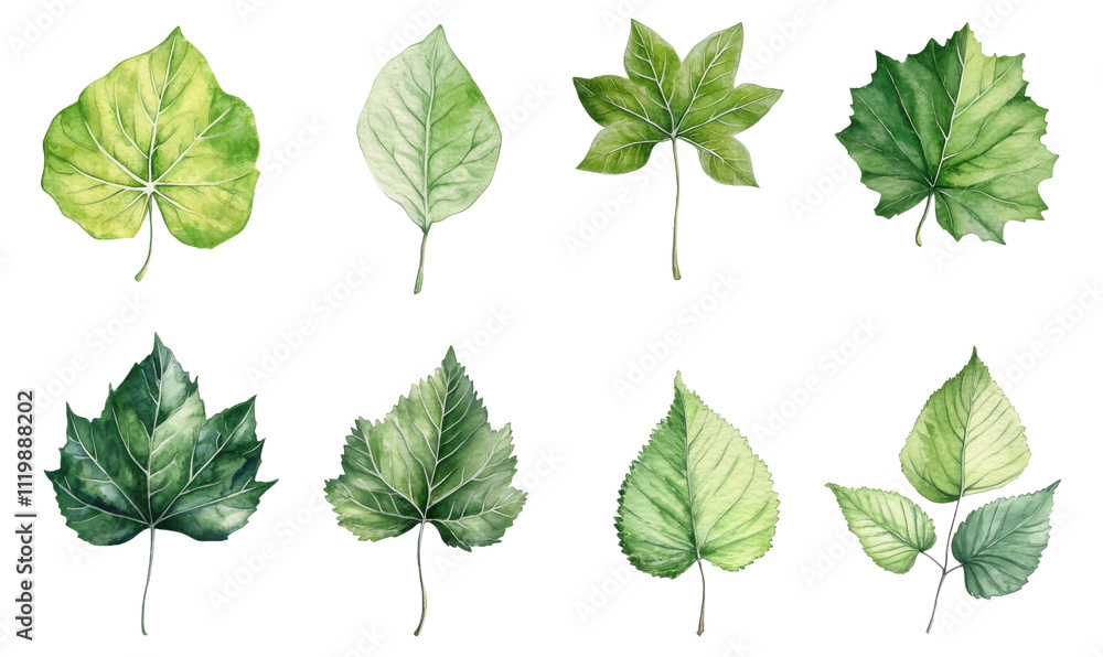 Variety of leaves showcasing different shapes and colors. Eight distinct leaves displayed, featuring green hues, textures, and patterns., isolated on transparent background, png Variety of leaves showcasing different shapes and colors. Eight distinct leaves displayed, featuring green hues, textures, and patterns., isolated on transparent background, png