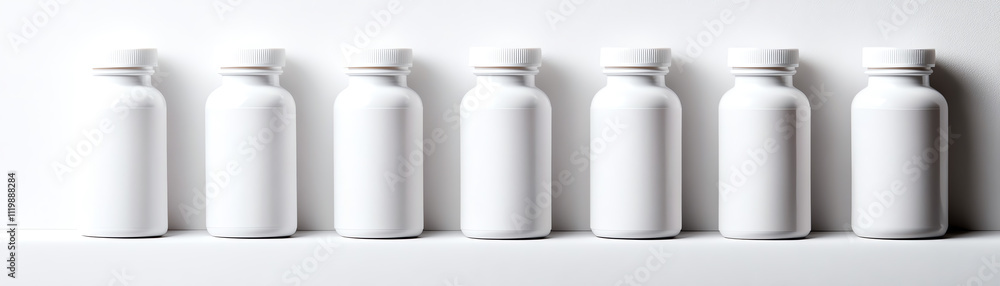 A clean arrangement of white bottles on a minimalist shelf for health or wellness concepts. A clean arrangement of white bottles on a minimalist shelf for health or wellness concepts.