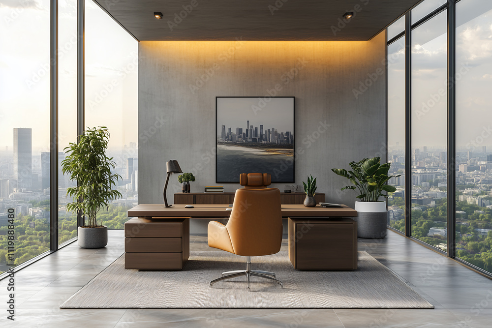 Fototapeta premium Executive Vision. Corner Office - Minimal Leadership Space with City Views and Natural Light