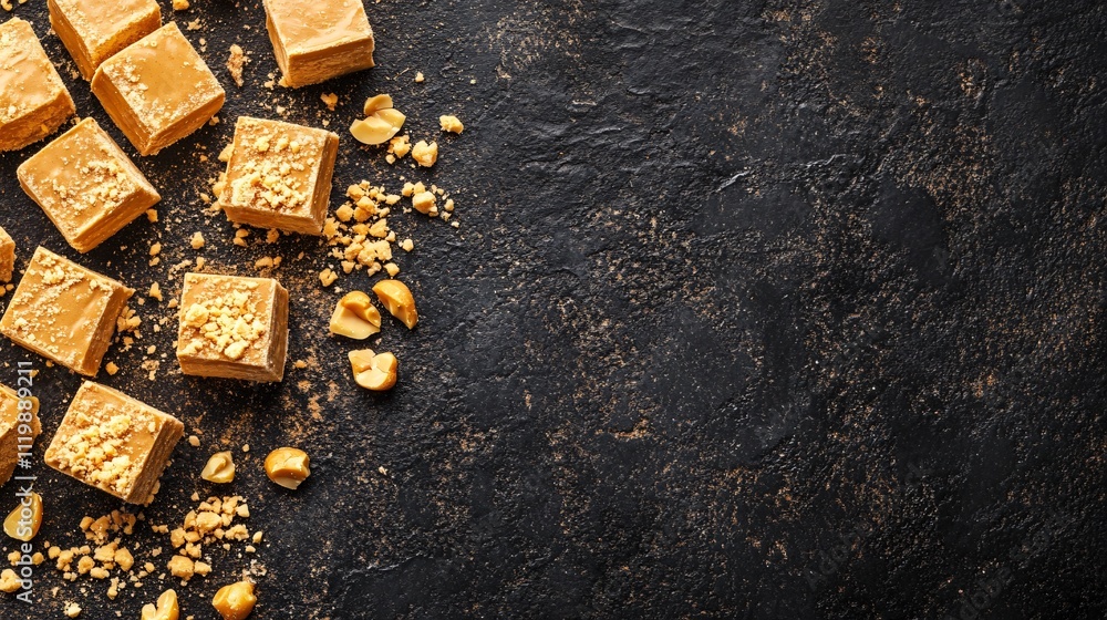 Golden marshmallow fudge cubes with a swirl of peanut butter, isolated on a dark slate background with crushed peanuts scattered Golden marshmallow fudge cubes with a swirl of peanut butter, isolated on a dark slate background with crushed peanuts scattered