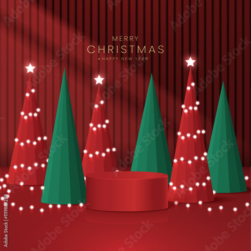 Luxury christmas invitation card art deco design vector. Christmas bauble ball, snowflakes, firework line art on red and green background. Design illustration for cover, greeting card.