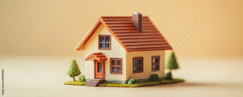 A small, detailed model of a house with a brown roof, green trees, and a welcoming front door, set against a soft, neutral background. A small, detailed model of a house with a brown roof, green trees, and a welcoming front door, set against a soft, neutral background.